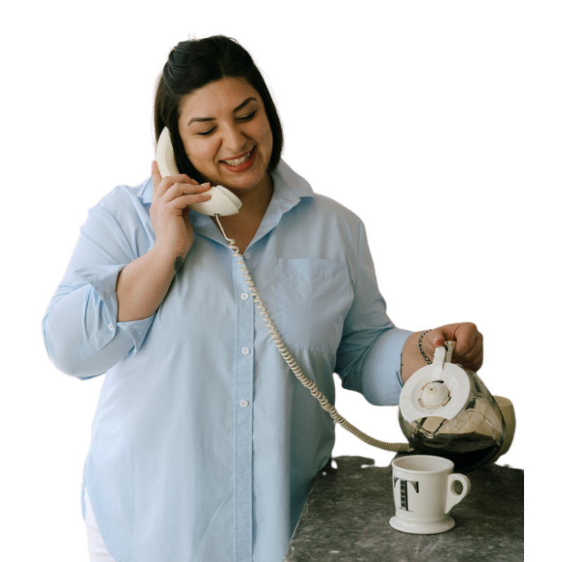 Tiffany on the phone pouring coffee